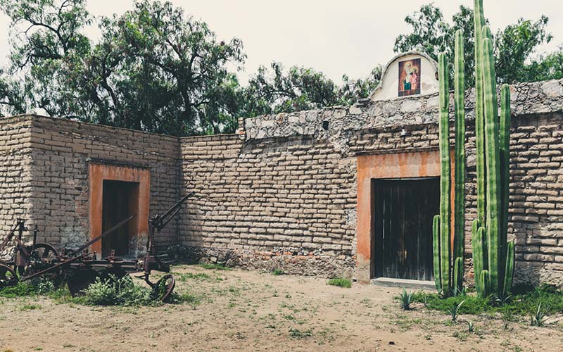 Patio clásico con dos cañones antiguos y plantas de nopal en Hacienda Vergel de Guadalupe